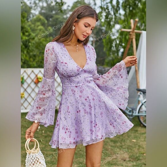 Floral Lavender Boho Bell Sleeve Mini Dress - Picture 3 of 13